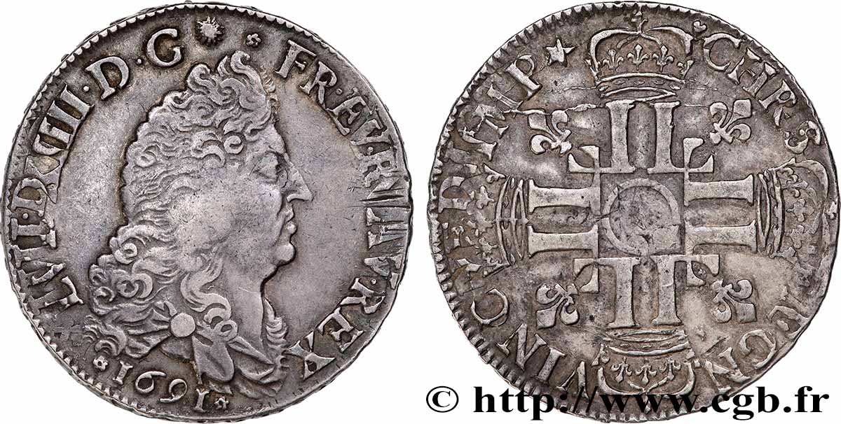 LOUIS XIV LE GRAND OU LE ROI SOLEIL Demi-écu aux huit L, 1er type 1691 Amiens TTB+