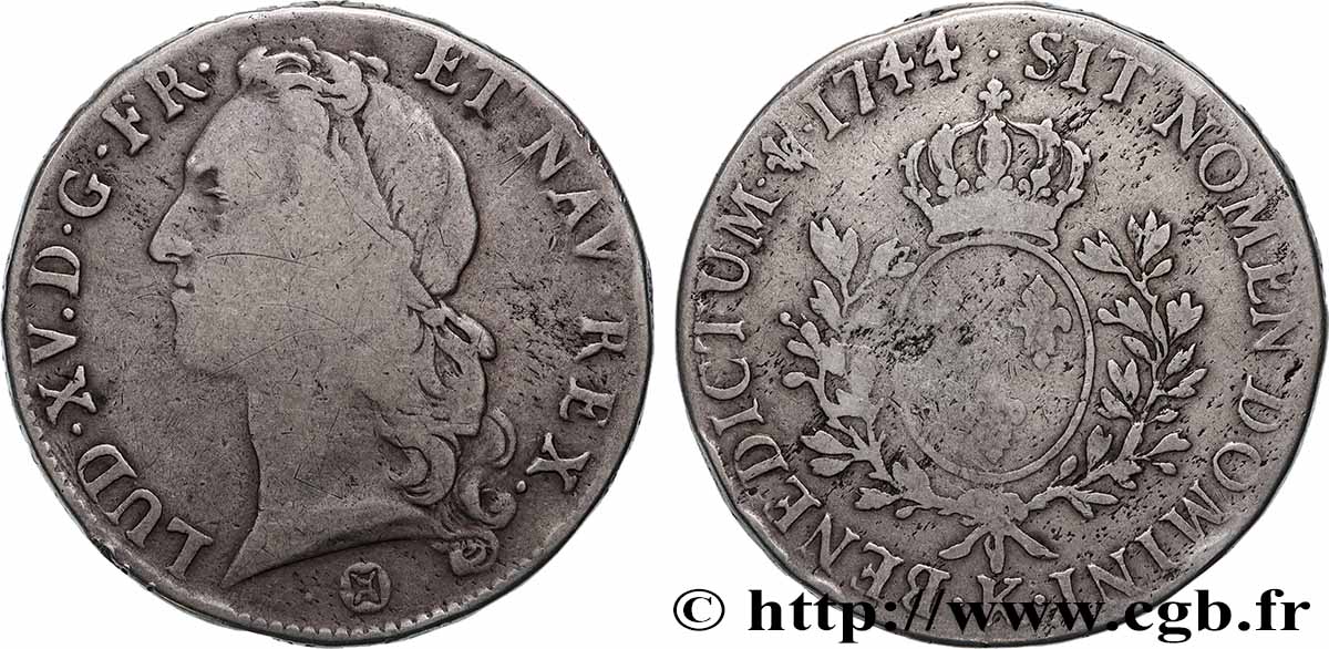 LOUIS XV &nbsp;THE WELL-BELOVED&nbsp; Écu aux branches d’olivier, tête ceinte d’un bandeau 1744 Bordeaux VF