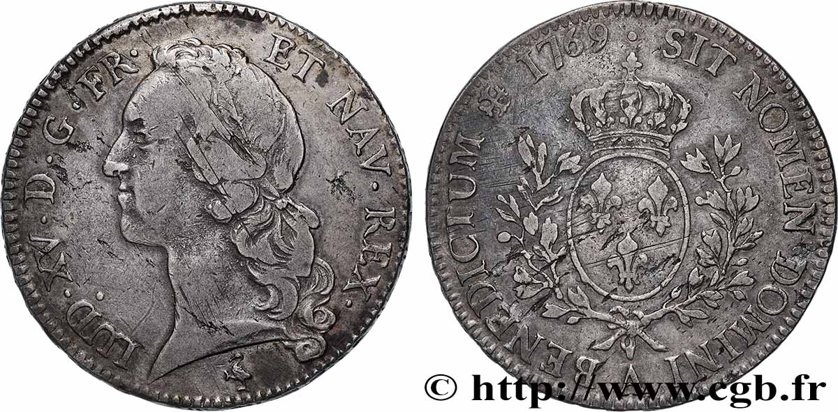 LOUIS XV &nbsp;THE WELL-BELOVED&nbsp; Écu aux branches d’olivier, tête ceinte d’un bandeau 1769 Paris VF/VF