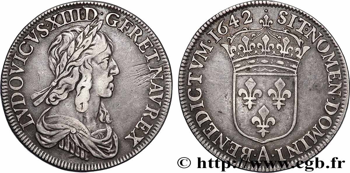 LOUIS XIII  Demi-écu, buste drapé et cuirassé (2e buste de Jean Warin) 1642 Paris, Monnaie de Matignon XF/AU