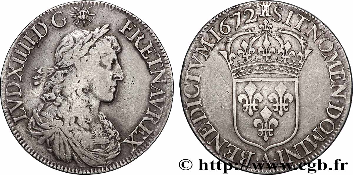 LOUIS XIV &nbsp;THE SUN KING&nbsp; Écu, portrait apollinien 1672 Paris VF/XF