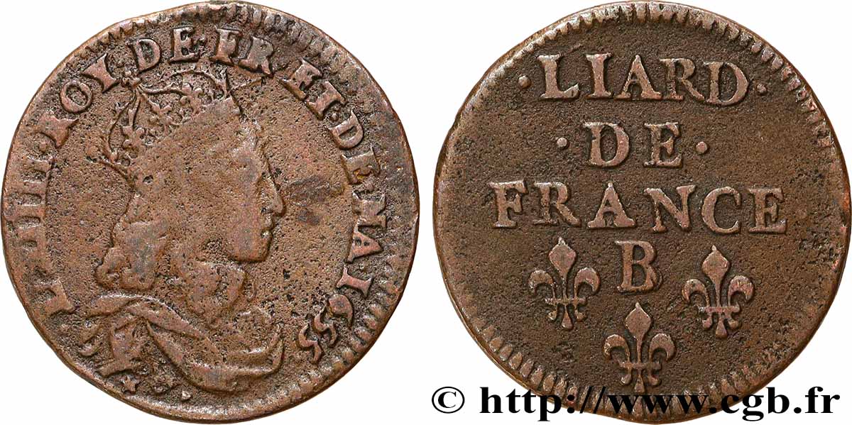 LOUIS XIV &nbsp;THE SUN KING&nbsp; Liard de cuivre, 2e type 1655 Pont-de-l’Arche VF/XF