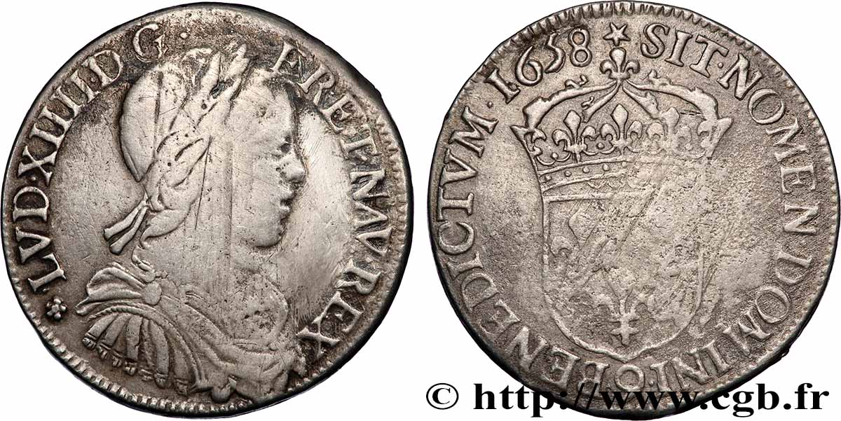 LOUIS XIV LE GRAND OU LE ROI SOLEIL Demi-écu, portrait à la mèche longue 1658 Rennes TB