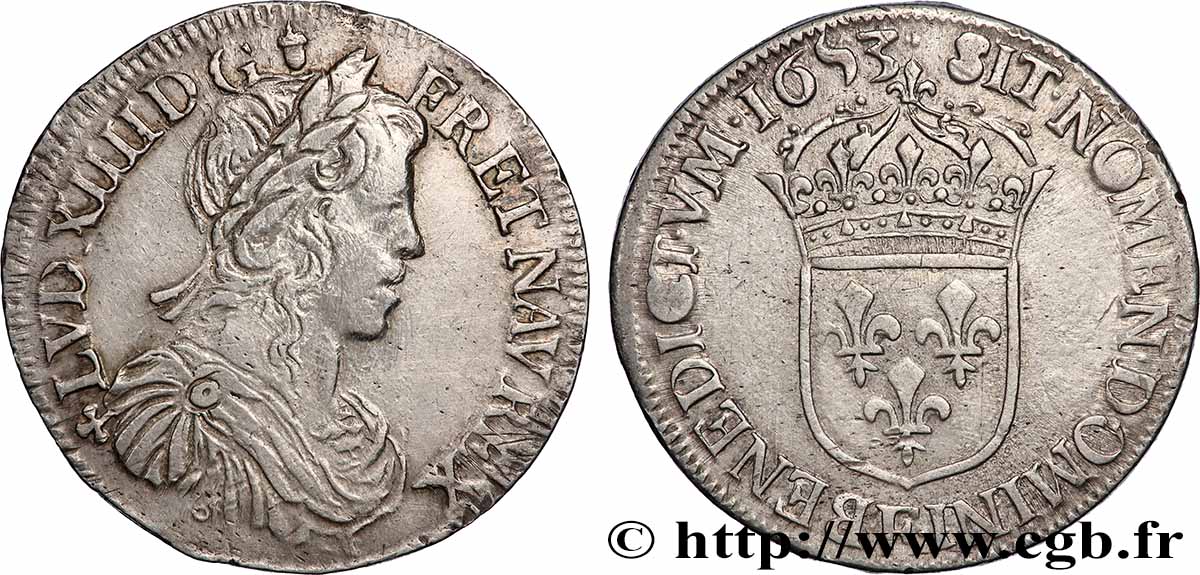 LOUIS XIV &nbsp;THE SUN KING&nbsp; Demi-écu, portrait à la mèche longue 1653 Angers VF/XF