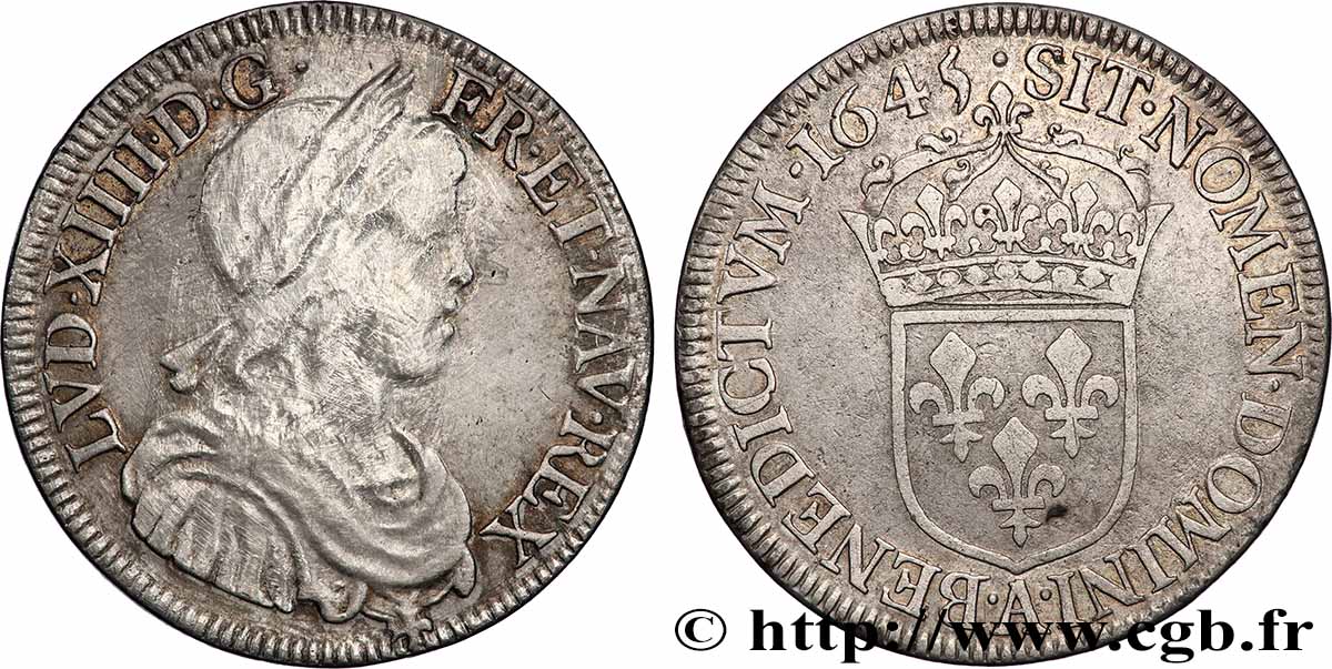 LOUIS XIV &nbsp;THE SUN KING&nbsp; Demi-écu, portrait à la mèche courte 1645 Paris, Monnaie du Louvre VF