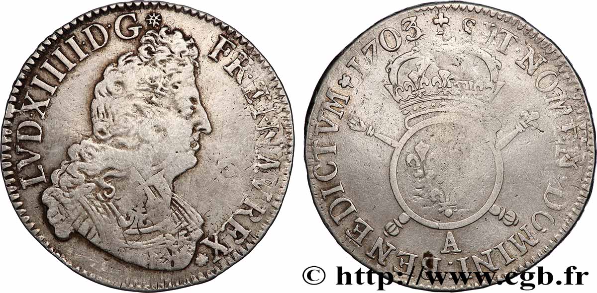 LOUIS XIV &nbsp;THE SUN KING&nbsp; Demi-écu aux insignes 1703 Paris VF/VF