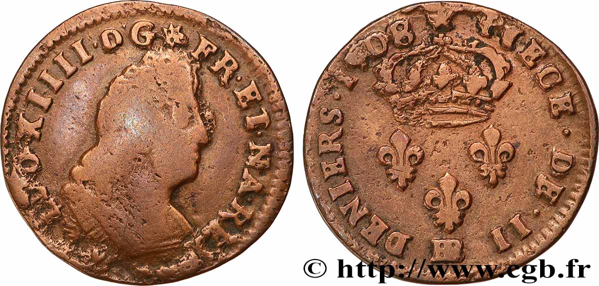 LOUIS XIV &nbsp;THE SUN KING&nbsp; II deniers, légende latine 1708 Strasbourg VF/XF
