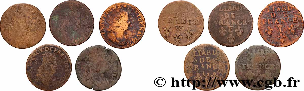 LOUIS XIV &nbsp;THE SUN KING&nbsp; Liard de cuivre, lot de 5 ex. n.d. Ateliers divers lot