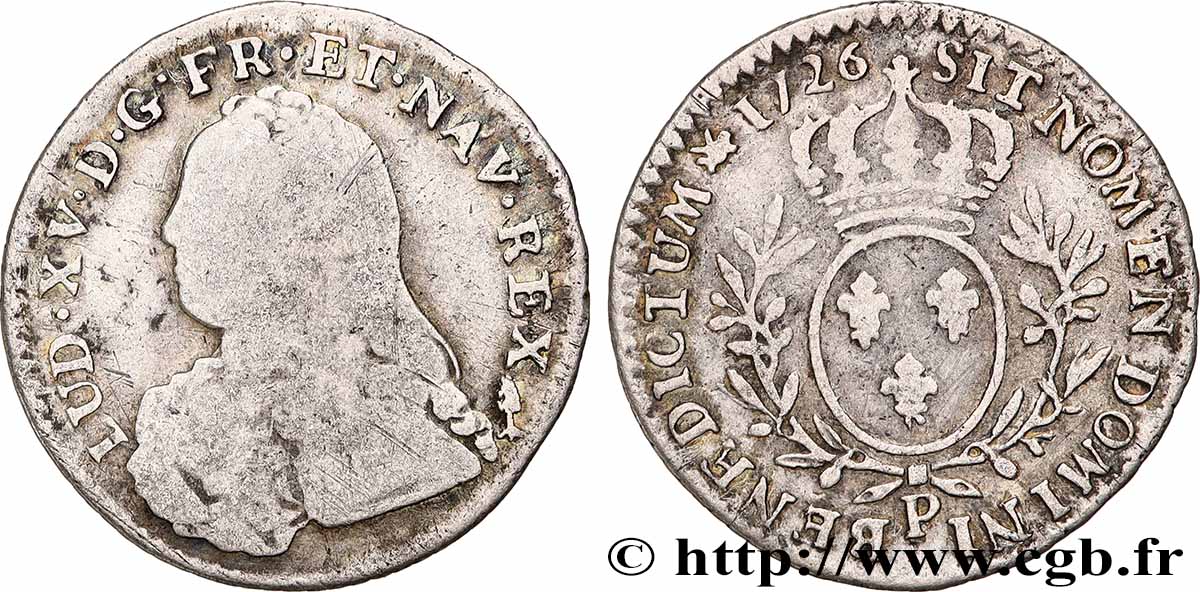 LOUIS XV &nbsp;THE WELL-BELOVED&nbsp; Dixième d’écu aux branches d’olivier, buste habillé 1726 Dijon VF/VF