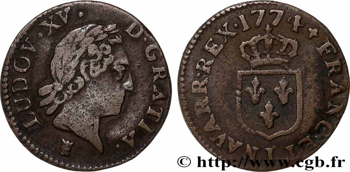 LOUIS XV &nbsp;THE WELL-BELOVED&nbsp; Liard dit &nbsp;à la vieille tête &nbsp; 1774 Limoges q.BB