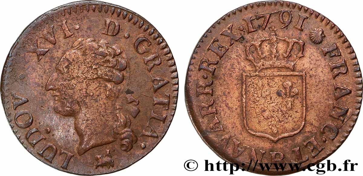 LOUIS XVI Liard dit &nbsp;à l&nbsp;écu&nbsp; 1791 Rouen XF