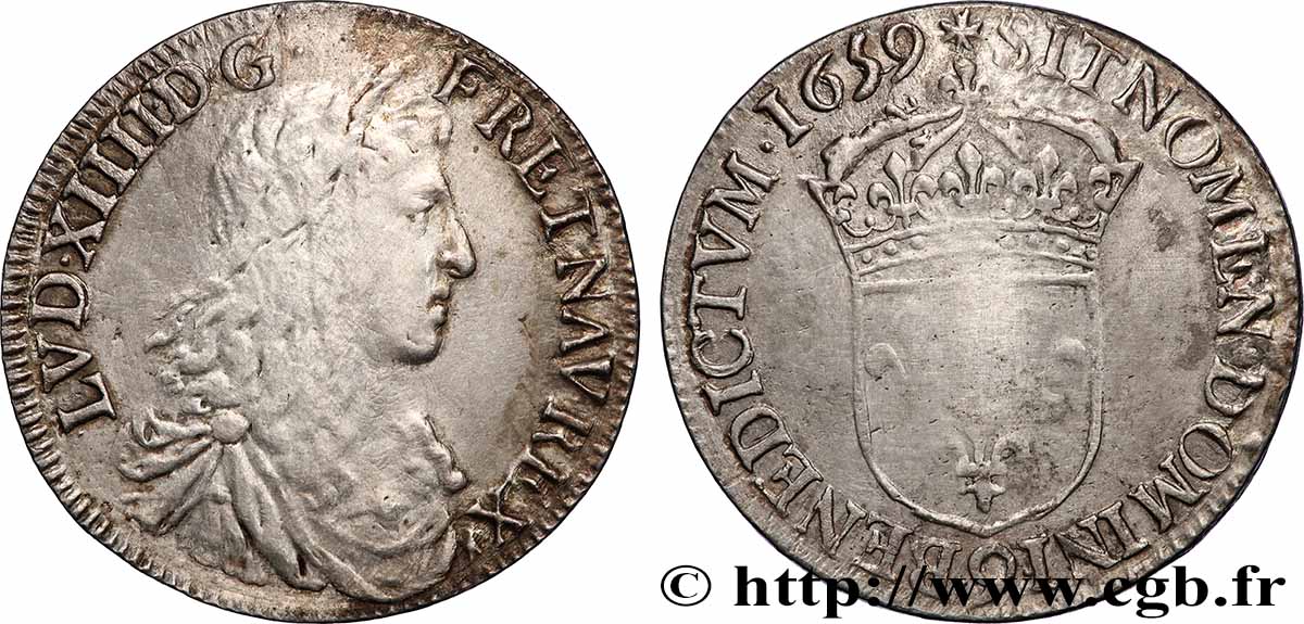 LOUIS XIV &nbsp;THE SUN KING&nbsp; Demi-écu, portrait apollinien 1659 Rennes VF/XF