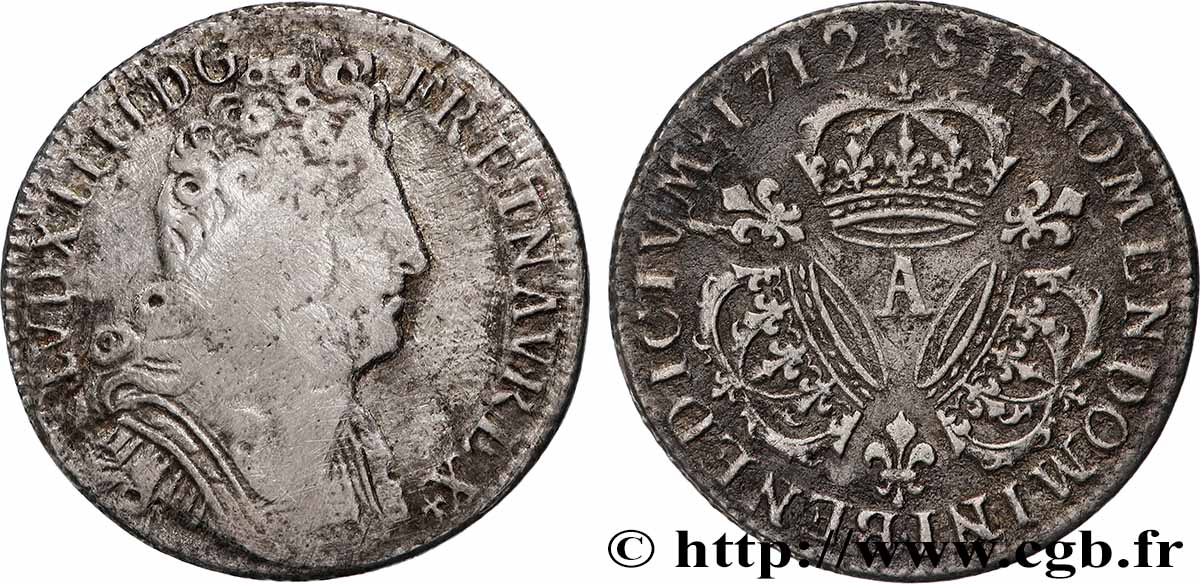 LOUIS XIV &nbsp;THE SUN KING&nbsp; Quart d&nbsp;écu aux trois couronnes 1712 Paris F/VF