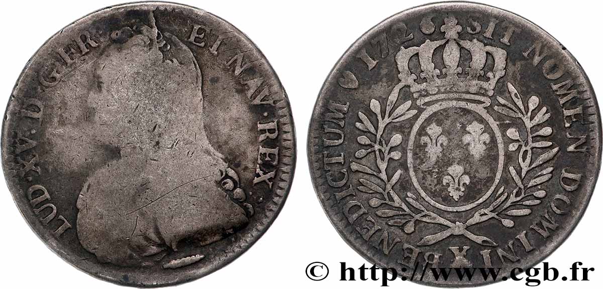 LOUIS XV &nbsp;THE WELL-BELOVED&nbsp; Demi-écu aux branches d&nbsp;olivier, buste habillé 1726 Amiens B/q.MB