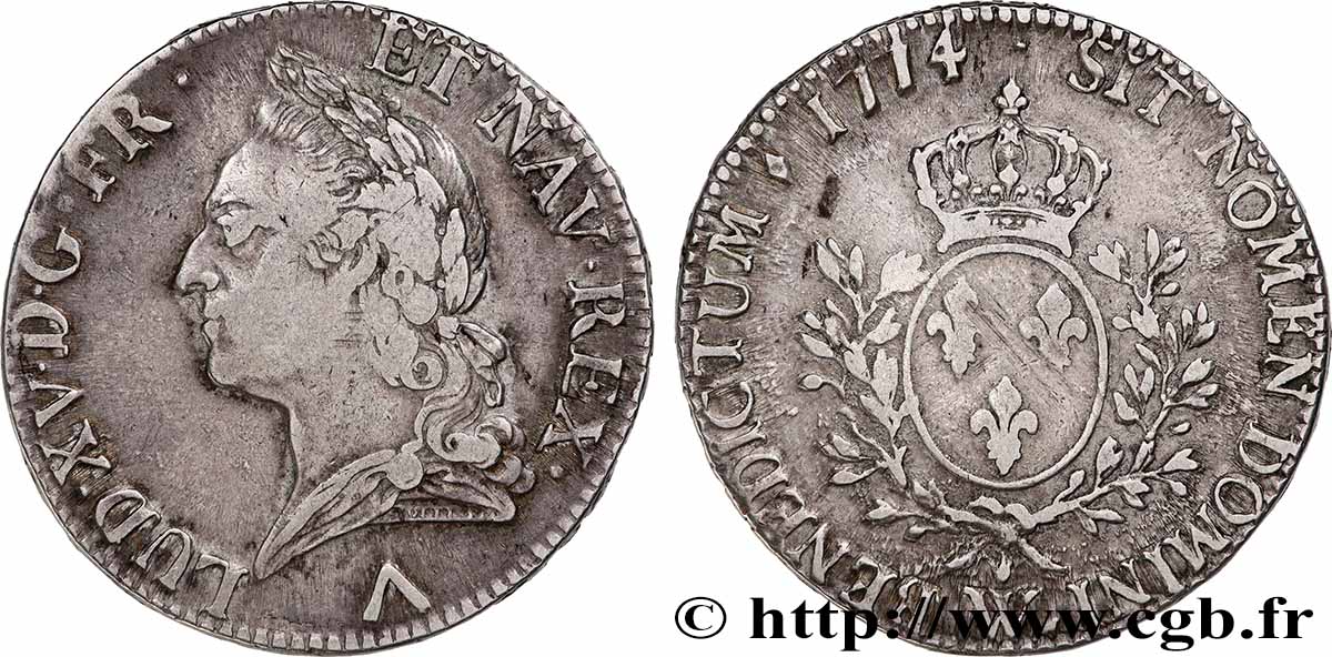 LOUIS XV DIT LE BIEN AIMÉ Écu aux branches d’olivier, buste lauré 1774 Lille TB+/TTB