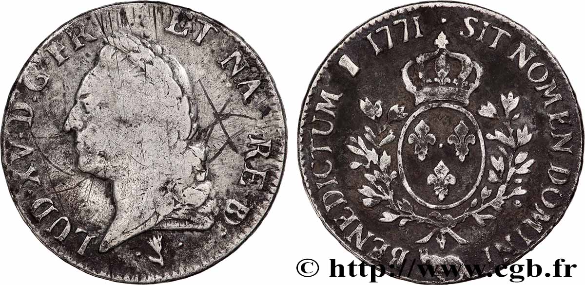 LOUIS XV DIT LE BIEN AIMÉ Écu aux branches d’olivier, buste lauré 1771 Pau TB+