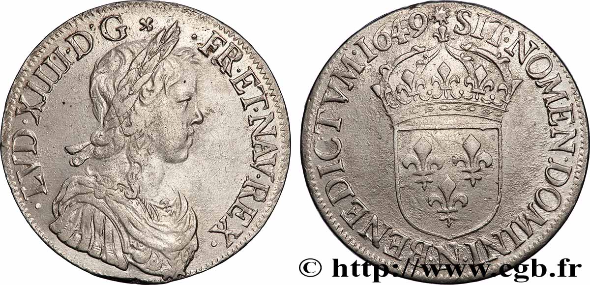 LOUIS XIV &nbsp;THE SUN KING&nbsp; Écu, portrait à la mèche longue 1649 Montpellier XF/AU