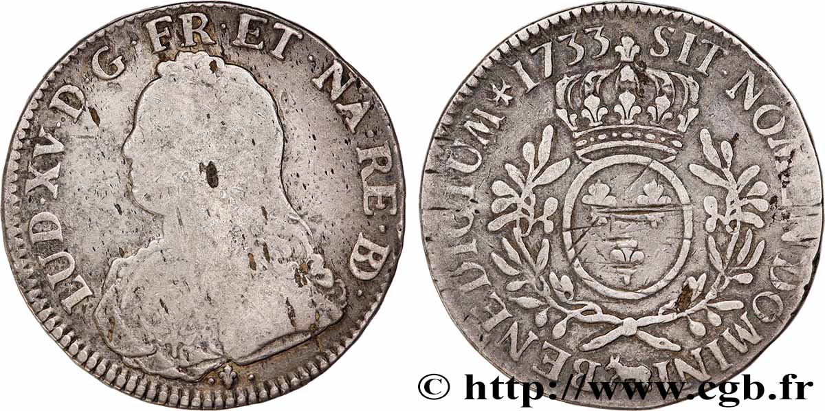 LOUIS XV DIT LE BIEN AIMÉ Écu aux branches d&nbsp;olivier, buste habillé 1733 Pau TB