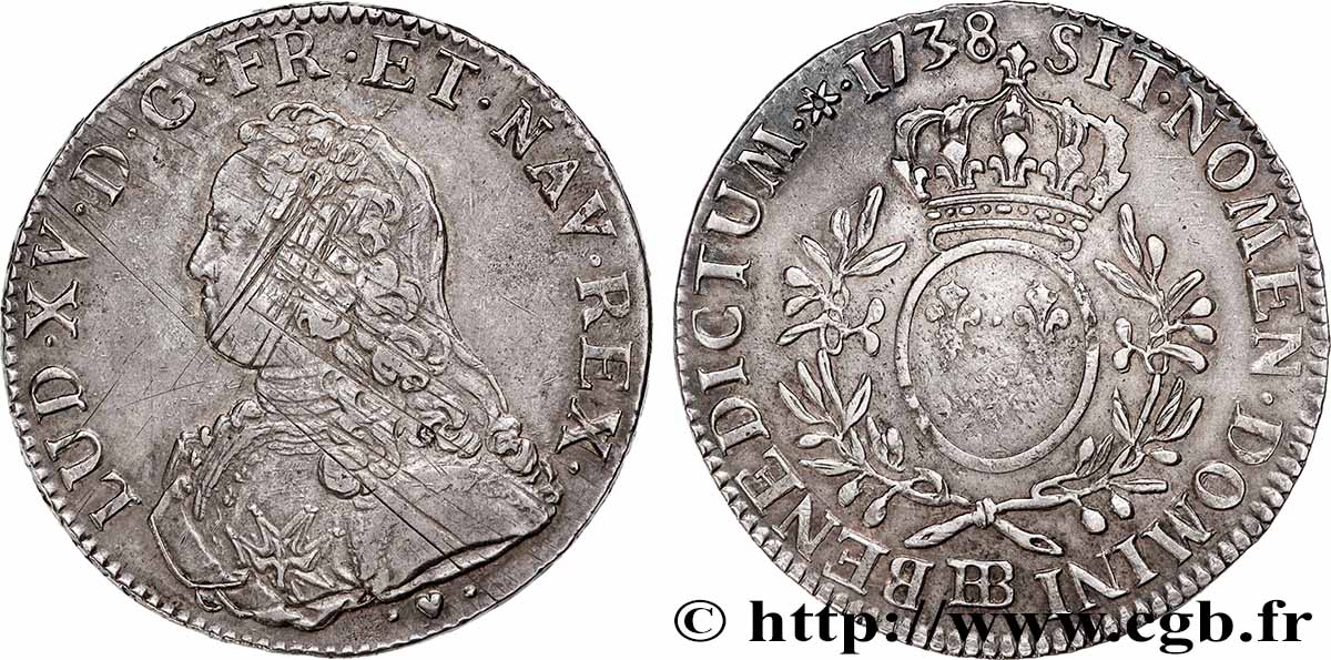 LOUIS XV DIT LE BIEN AIMÉ Écu aux branches d&nbsp;olivier, buste habillé 1738 Strasbourg TTB