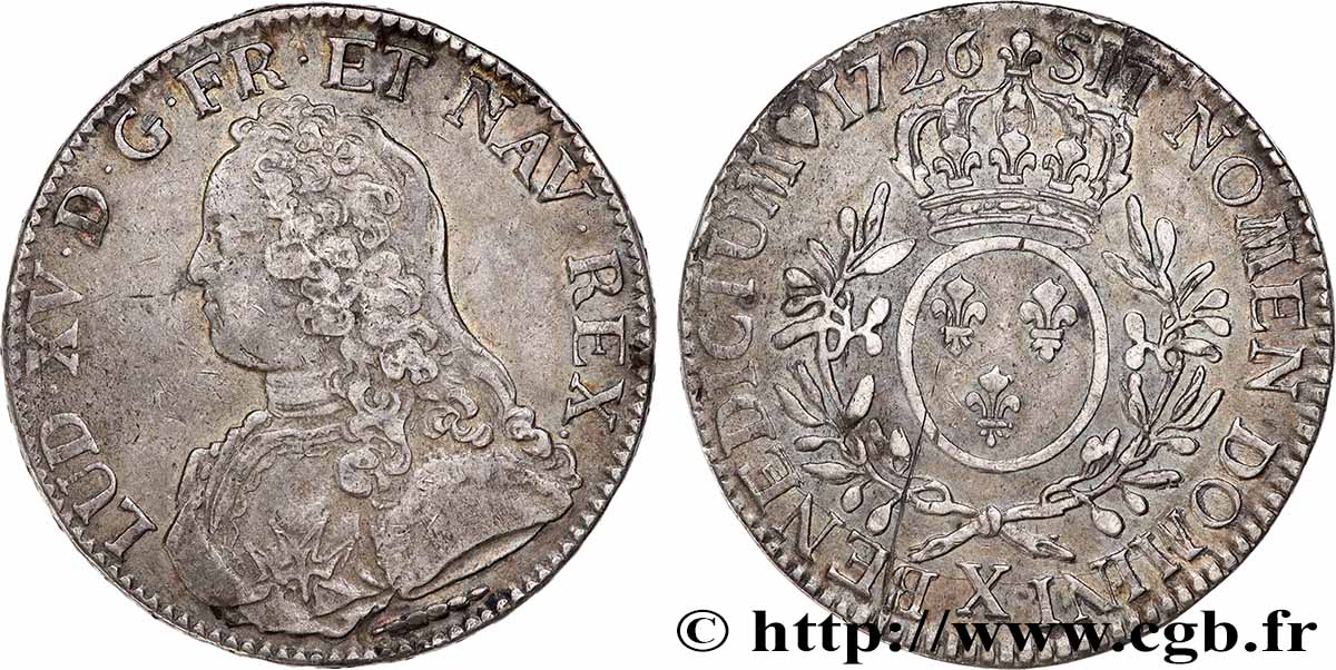 LOUIS XV DIT LE BIEN AIMÉ Écu aux branches d&nbsp;olivier, buste habillé 1726 Amiens TTB