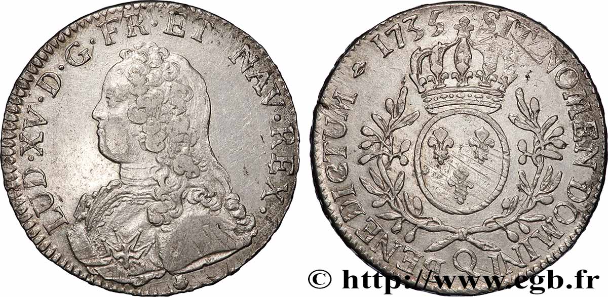 LOUIS XV &nbsp;THE WELL-BELOVED&nbsp; Écu aux branches d&nbsp;olivier, buste habillé 1735 Perpignan XF