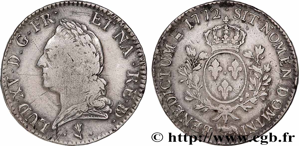LOUIS XV DIT LE BIEN AIMÉ Écu aux branches d’olivier, buste lauré 1772 Pau TB+