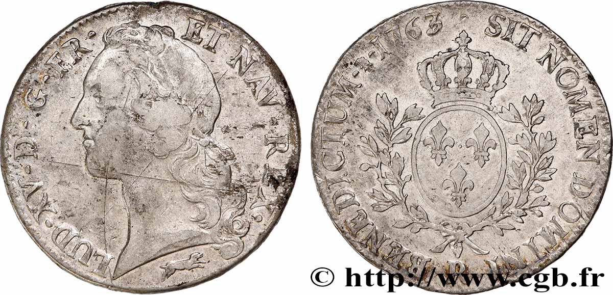 LOUIS XV DIT LE BIEN AIMÉ Écu aux branches d’olivier, tête ceinte d’un bandeau 1763 Orléans TTB