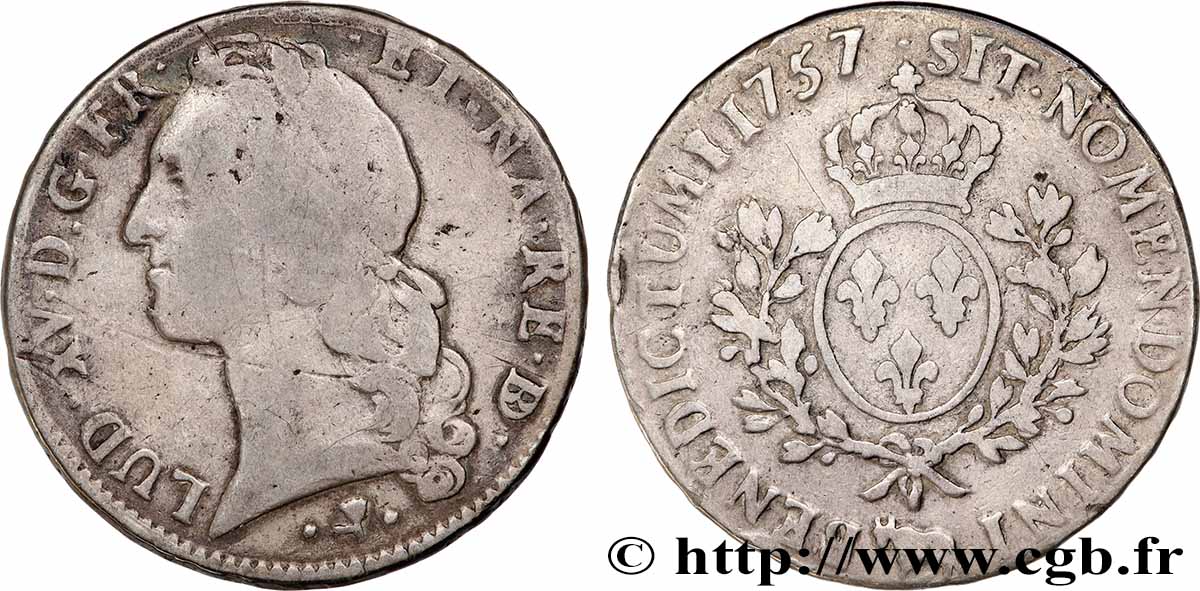 LOUIS XV DIT LE BIEN AIMÉ Écu aux branches d’olivier, tête ceinte d’un bandeau 1757 Pau TB
