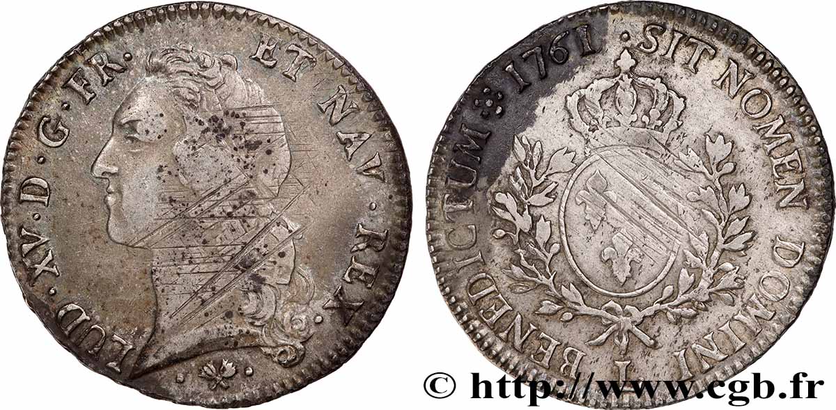 LOUIS XV THE BELOVED Écu aux branches d’olivier, tête ceinte d’un bandeau 1761 Bayonne VF