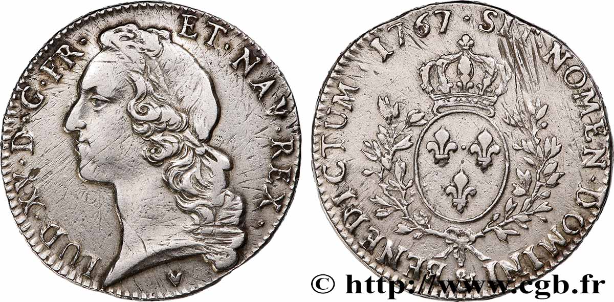 LOUIS XV THE BELOVED Écu aux branches d’olivier, tête ceinte d’un bandeau 1767 Aix-en-Provence VF