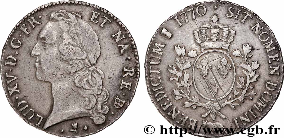 LOUIS XV THE BELOVED Écu aux branches d’olivier, tête ceinte d’un bandeau 1770 Pau VF