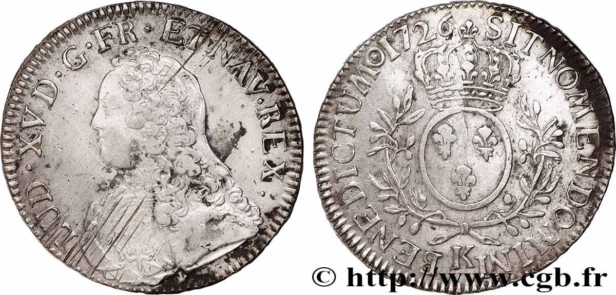 LOUIS XV THE BELOVED Écu aux branches d&nbsp;olivier, buste habillé 1726 Bordeaux VF