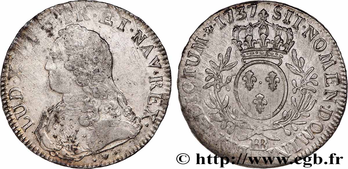 LOUIS XV THE BELOVED Écu aux branches d&nbsp;olivier, buste habillé 1737 Strasbourg VF/XF