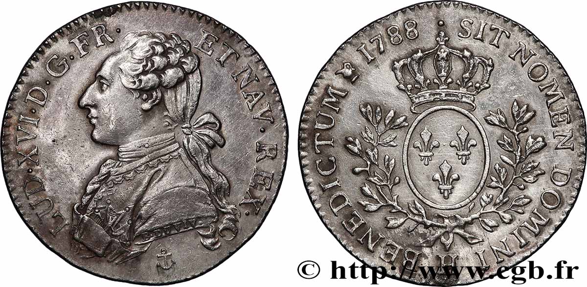 LOUIS XVI Cinquième d&nbsp;écu aux branches d&nbsp;olivier 1788 La Rochelle AU/AU