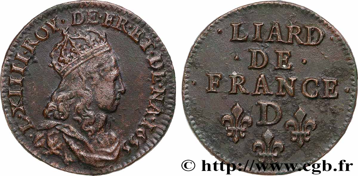 LOUIS XIV LE GRAND OU LE ROI SOLEIL Liard de cuivre, 2e type 1655 Vimy-en-Lyonnais (actuellement Neuville-sur-Saône) TTB+/SUP