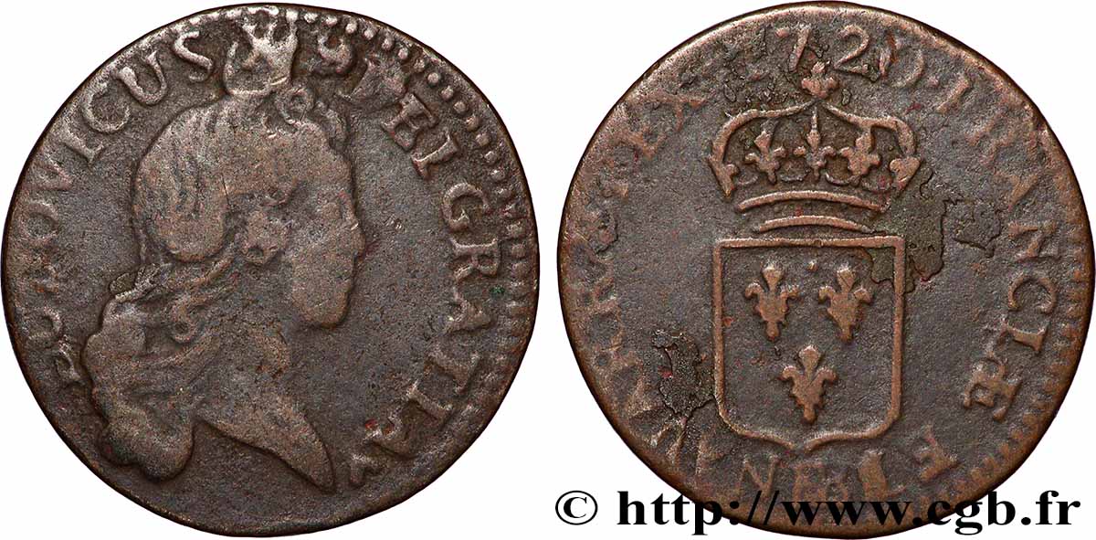 LOUIS XV &nbsp;THE WELL-BELOVED&nbsp; Liard au buste enfantin 1720 Strasbourg F/VF