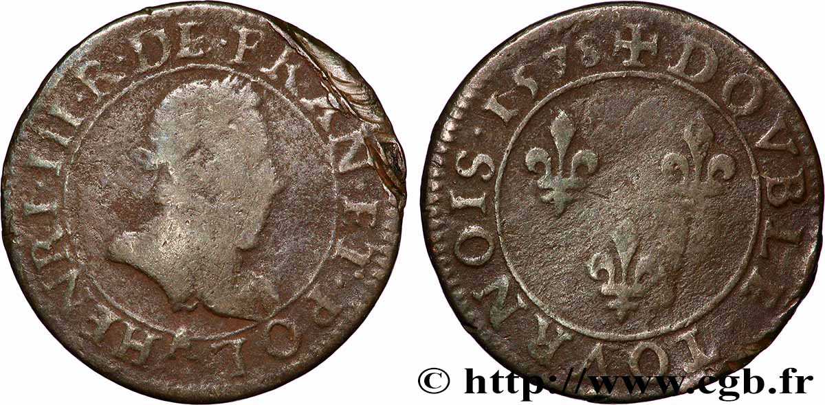 HENRY III Double tournois, 1er type de Paris 1578 Paris, Moulin des Étuves VF