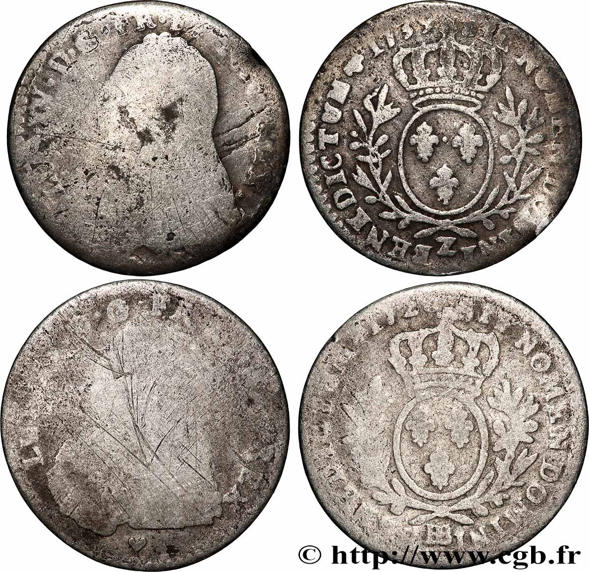 LOUIS XV &nbsp;THE WELL-BELOVED&nbsp; Dixième d’écu aux branches d’olivier, buste habillé, lot de 2 ex. s.m. Ateliers divers lotto