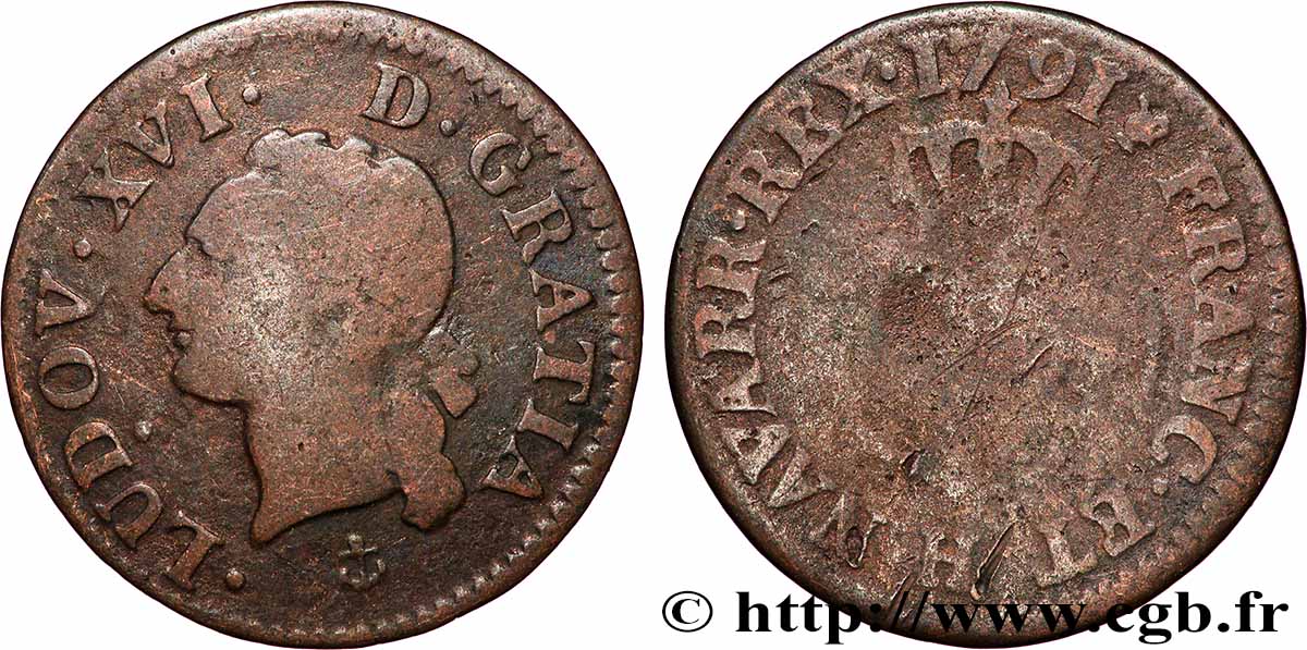 LOUIS XVI Liard dit “à l&nbsp;écu” 1791 La Rochelle MB/q.MB