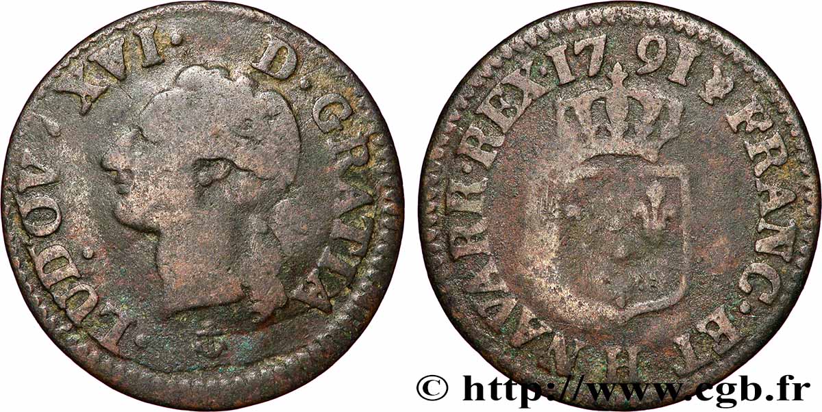 LOUIS XVI Liard dit “à l&nbsp;écu” 1791 La Rochelle VF