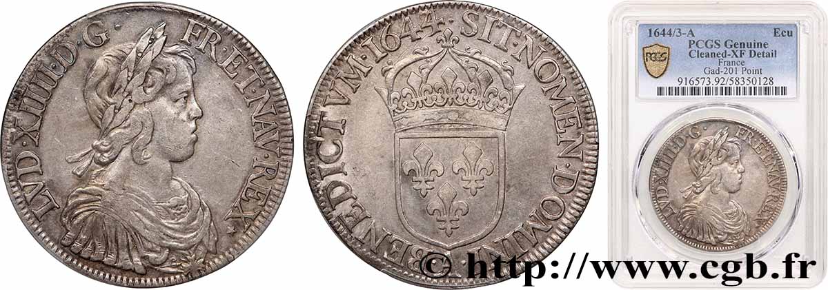 LOUIS XIV LE GRAND OU LE ROI SOLEIL Écu, portrait à la mèche courte 1644 Paris, Monnaie du Louvre TTB