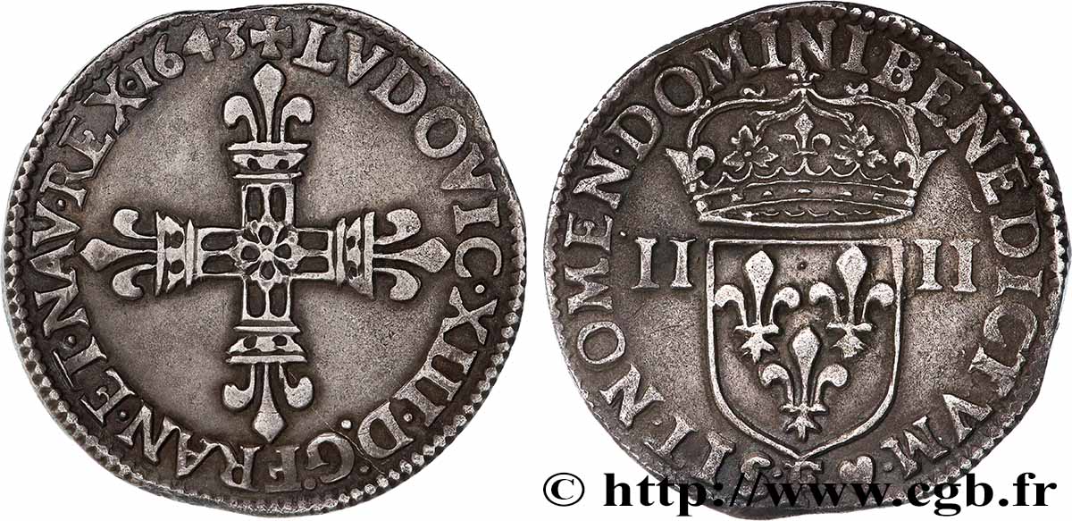 LOUIS XIII Quart d&nbsp;écu, à la croix fleurdelisée, titulature côté croix 1643 Angers AU