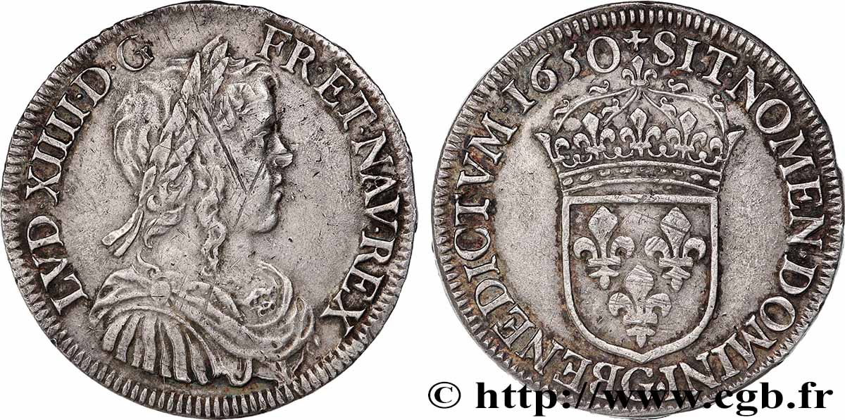 LOUIS XIV &nbsp;THE SUN KING&nbsp; Demi-écu, portrait à la mèche longue 1650 Poitiers XF