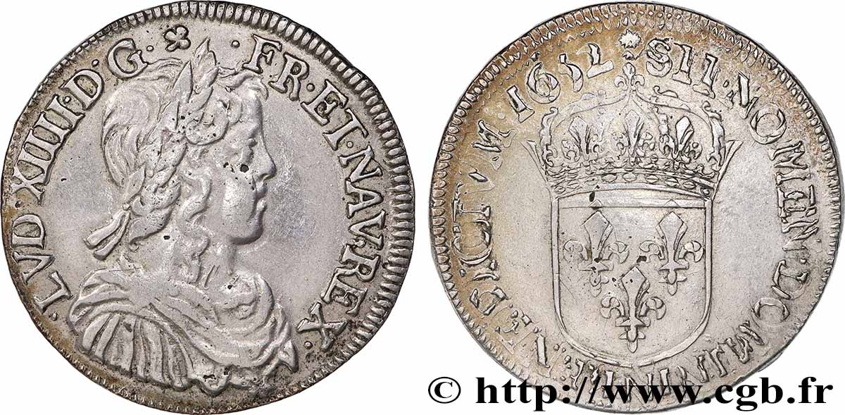 LOUIS XIV &nbsp;THE SUN KING&nbsp; Demi-écu, portrait à la mèche longue 1652 Montpellier VF