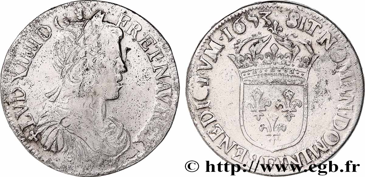 LOUIS XIV &nbsp;THE SUN KING&nbsp; Demi-écu, portrait à la mèche longue 1653 Angers VF