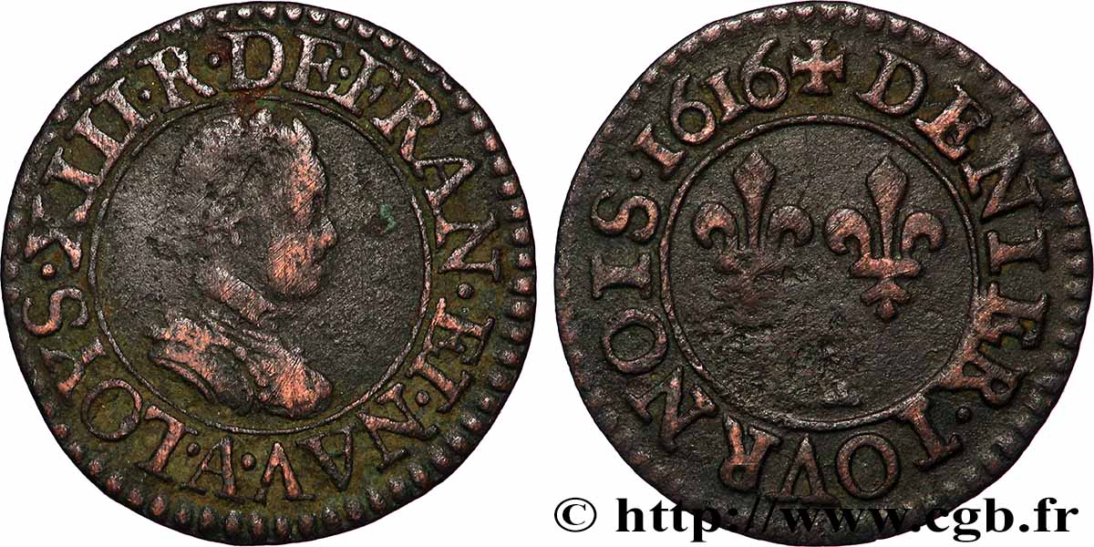 LOUIS XIII  Denier tournois, buste lauré avec petit col plat rabbatu 1616 Paris VF