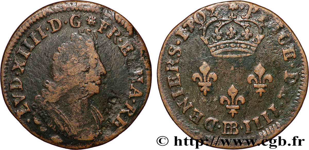 LOUIS XIV &nbsp;THE SUN KING&nbsp; IIII deniers 1702 Strasbourg MB/q.BB