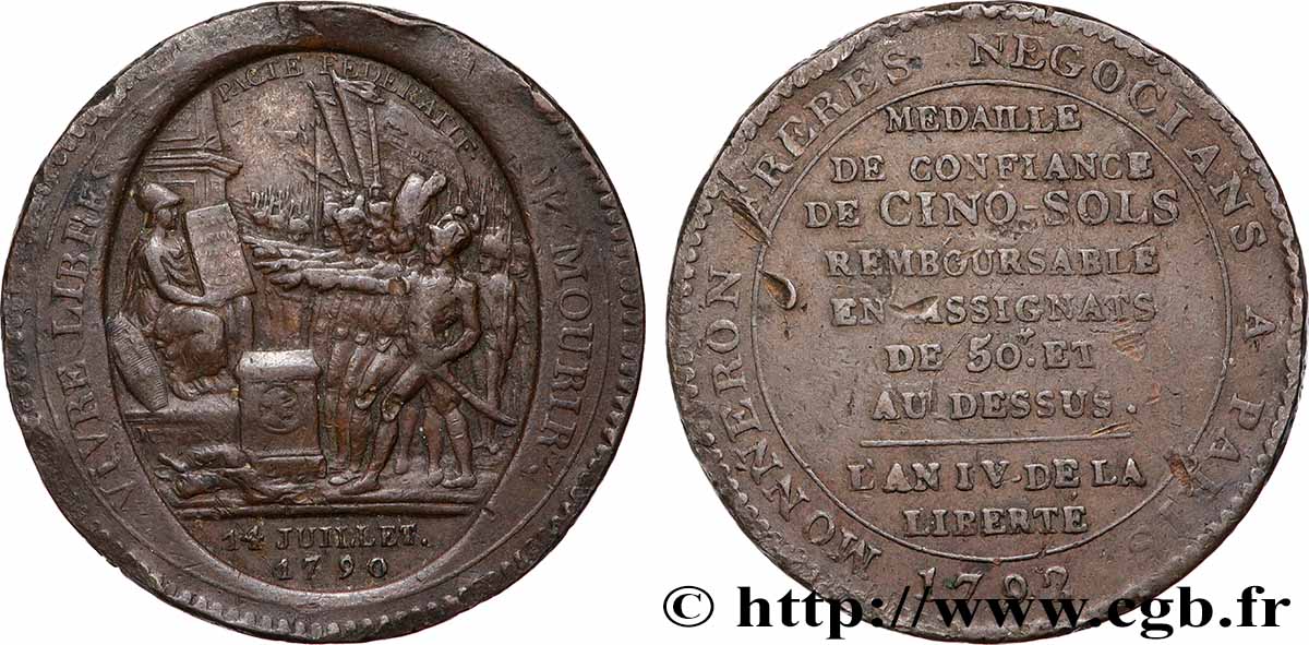 REVOLUTION COINAGE Monneron de 5 sols au serment 1792  q.BB/MB