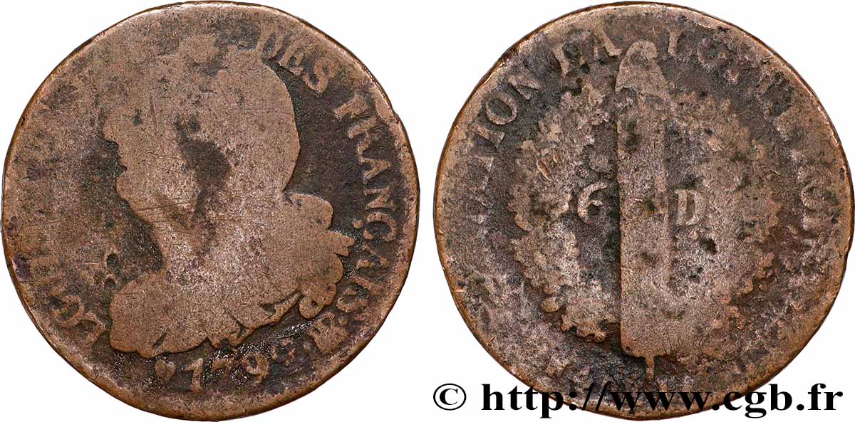 LOUIS XVI 6 deniers dit &nbsp;au faisceau&nbsp;, type FRANÇAIS 1792 Strasbourg SGE