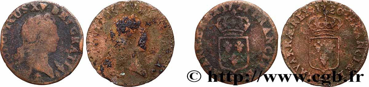 LOUIS XV &nbsp;THE WELL-BELOVED&nbsp; Liard au buste enfantin, lot de 2 ex.  s.m. Ateliers divers lotto
